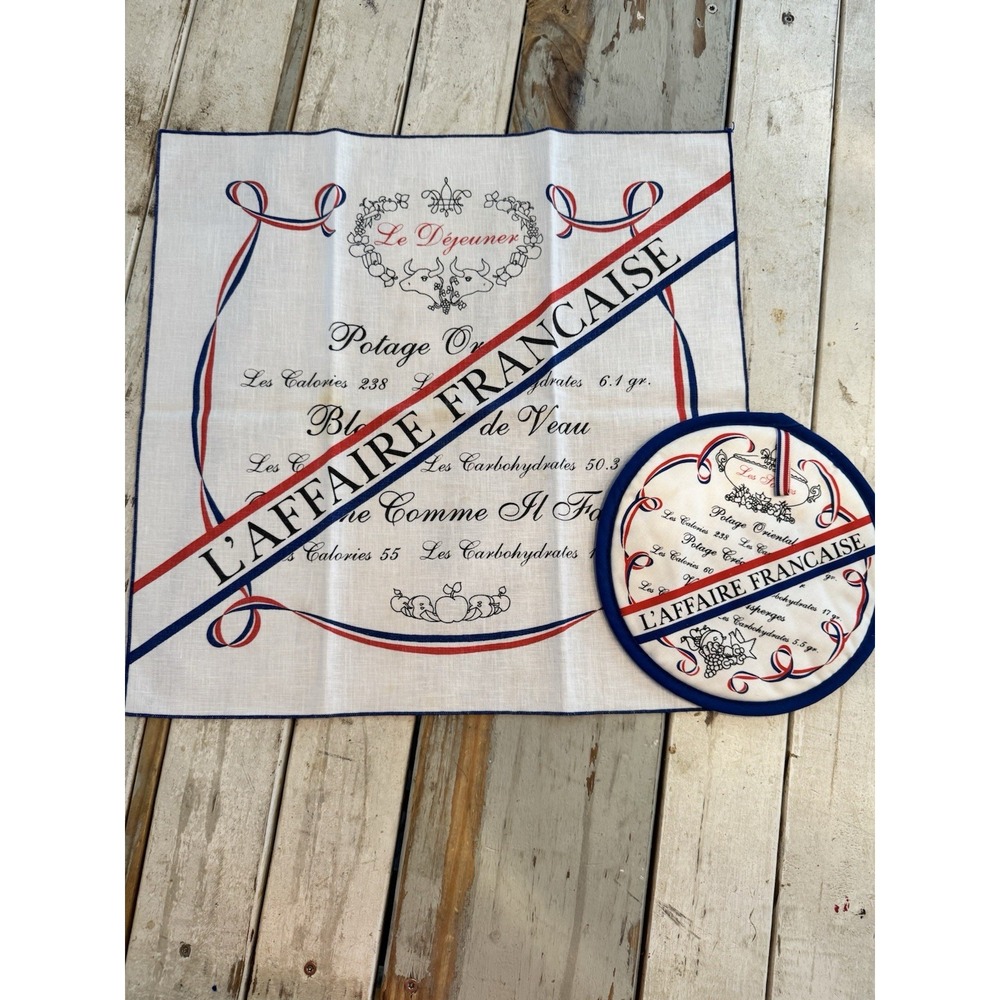 Vintage Dish Towel & Pot Holder L'affaire francaise France Graphic Red Blue